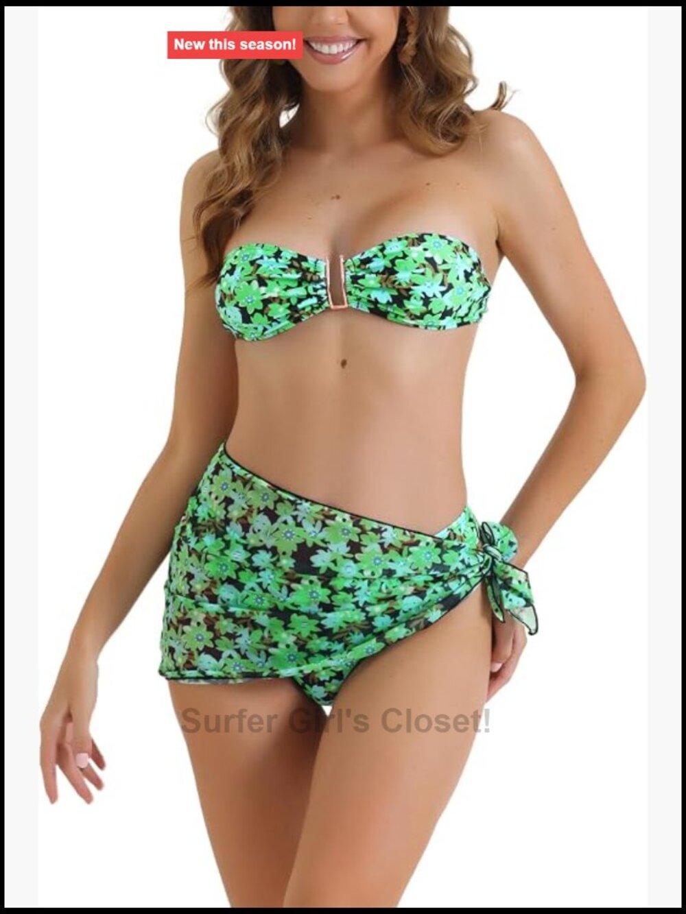 3 Piece Floral Bandeau Bikini Sets Tie Back Swimwear Triangle Bottoms